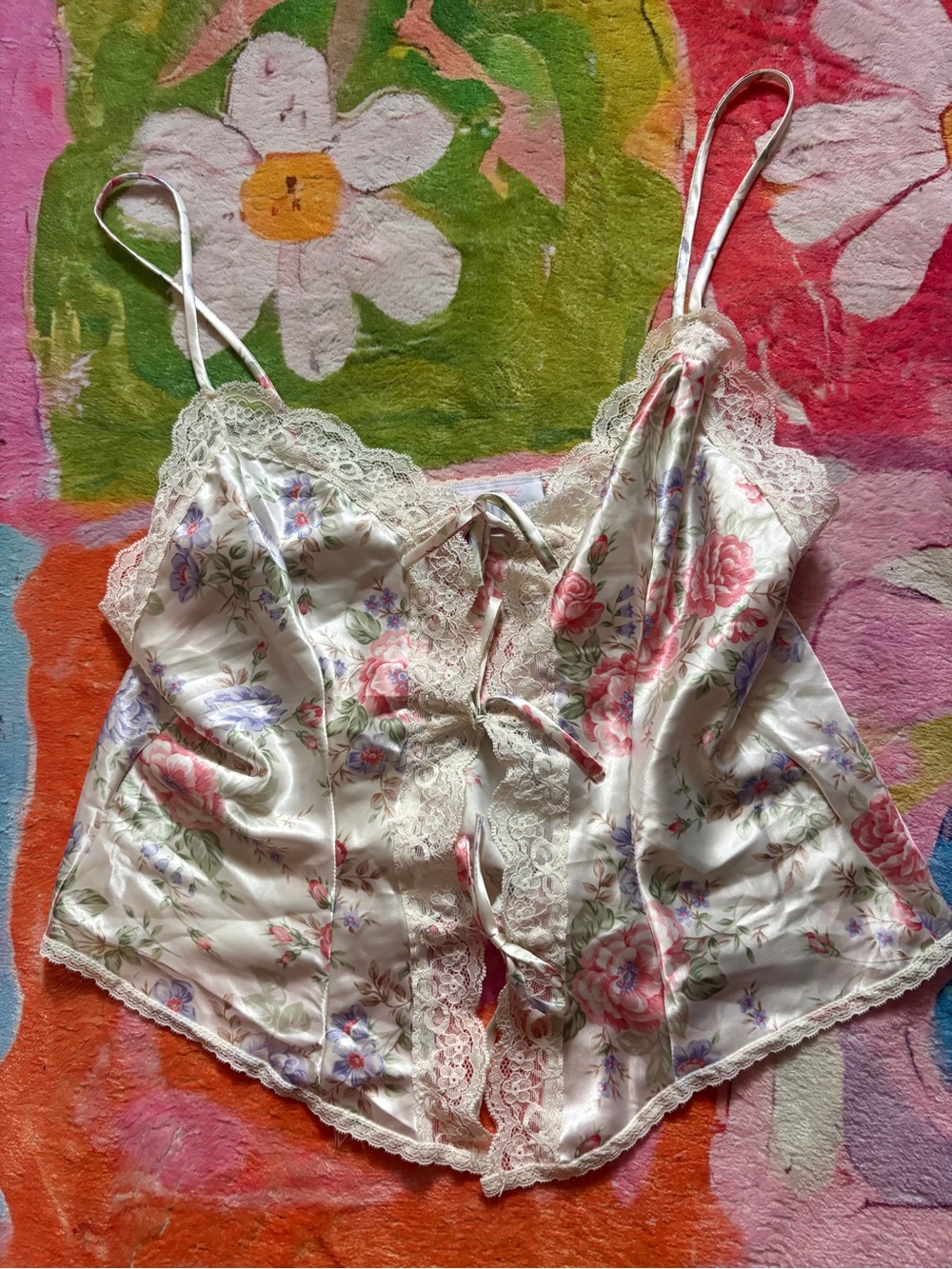 Floral Lace Satin Cami - Ivory with Pink & Lavender Flowers
